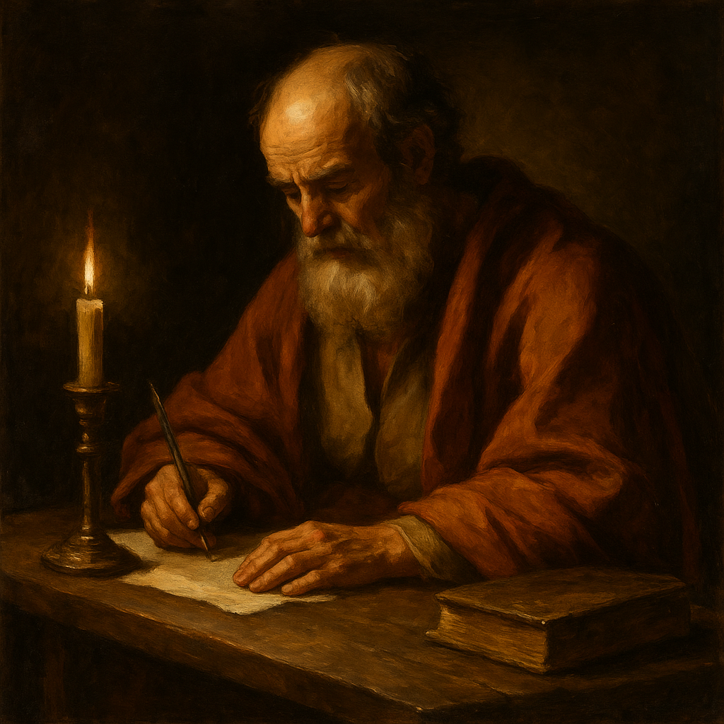 Oil painting in Caravaggio style showing an elderly man writing by candlelight—symbolizing Advent fasting and early Church Fathers' wisdom.