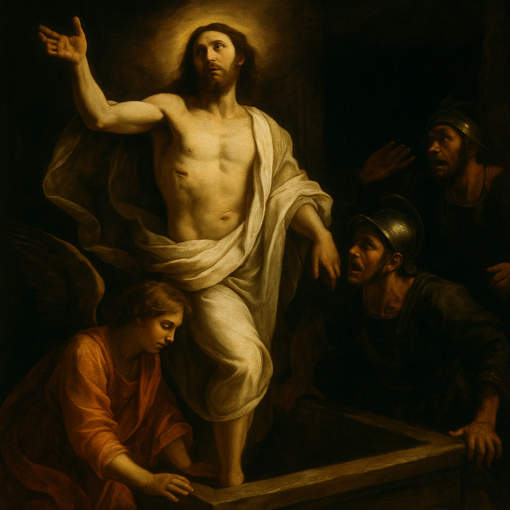 Traditional oil painting of the Resurrection of Christ, highlighting the He is Risen proclamation in vivid detail.