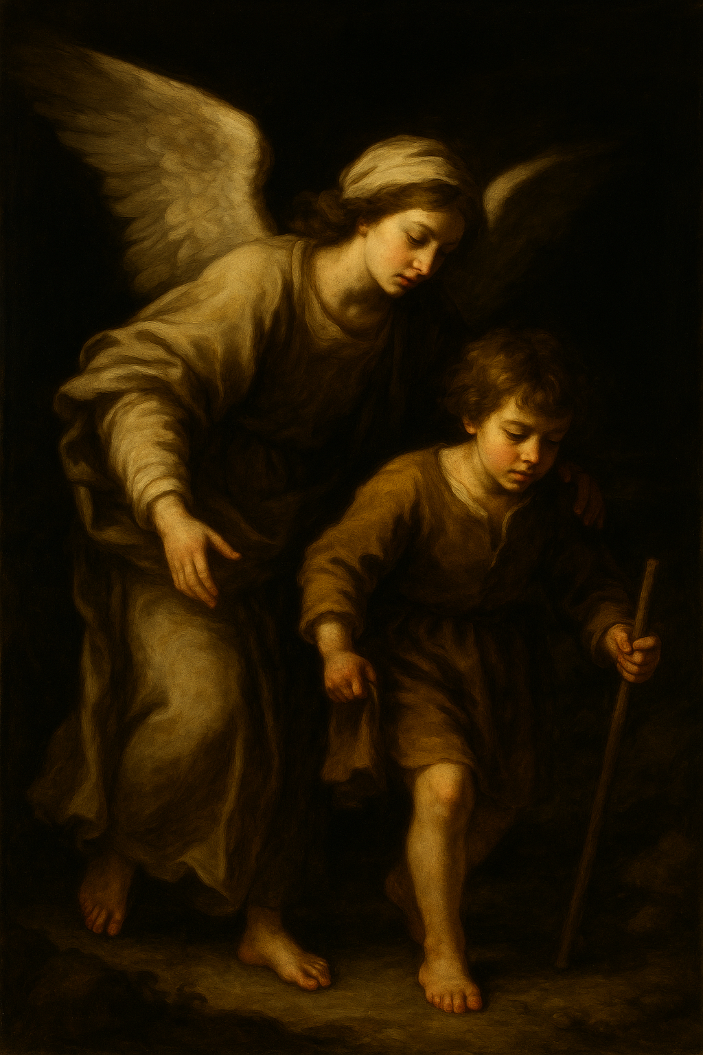 Holy Guardian Angel leading a young child by the hand, symbol of innocence and spiritual guidance.”