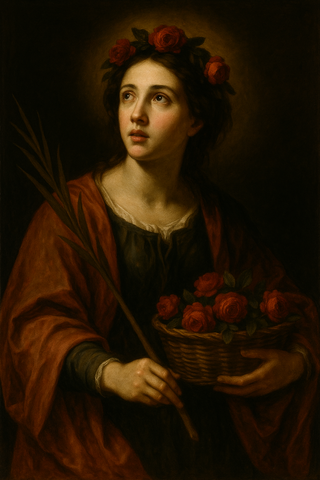 Statue of Saint Dorothy, Virgin and Martyr, shown with a basket of roses and apples, her traditional attributes.