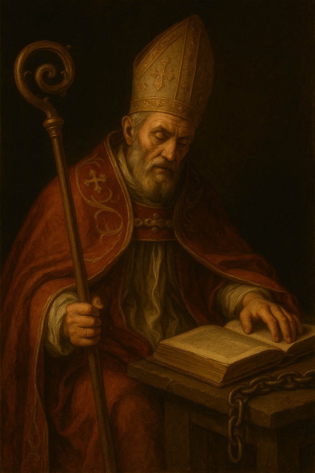 Saint Evaristus, Pope and Martyr, portrayed with papal vestments and martyr’s palm, symbol of faith and sacrifice.