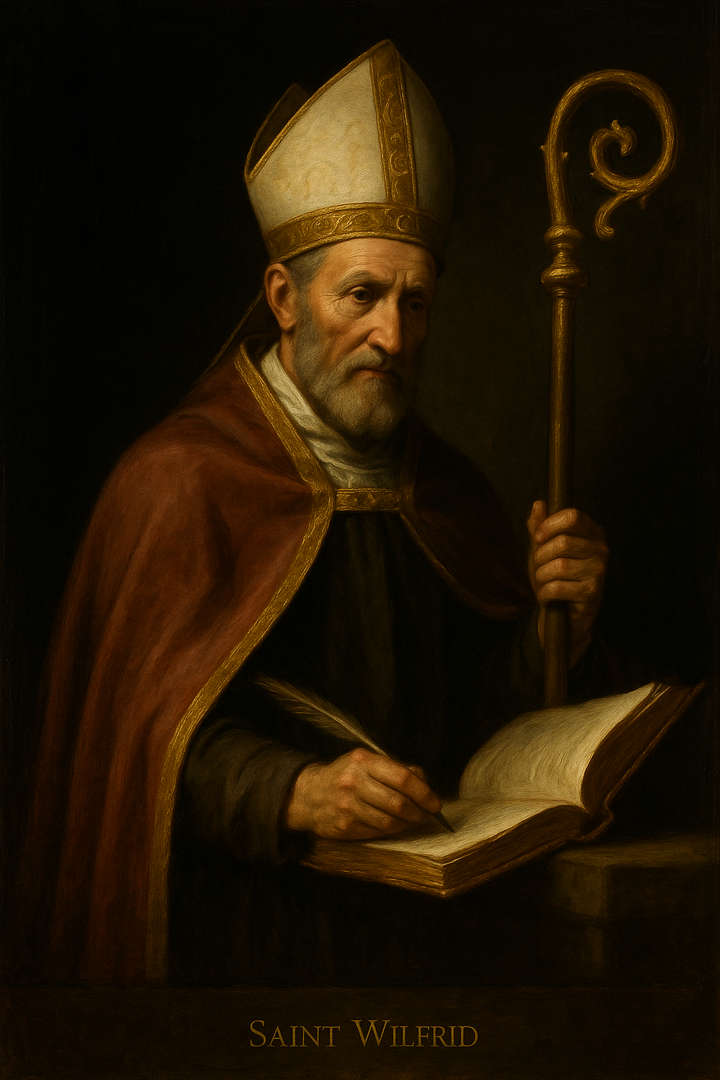Saint Wilfrid, Bishop and Confessor, kneeling in prayer with staff and mitre, symbolizing his holiness and pastoral zeal.