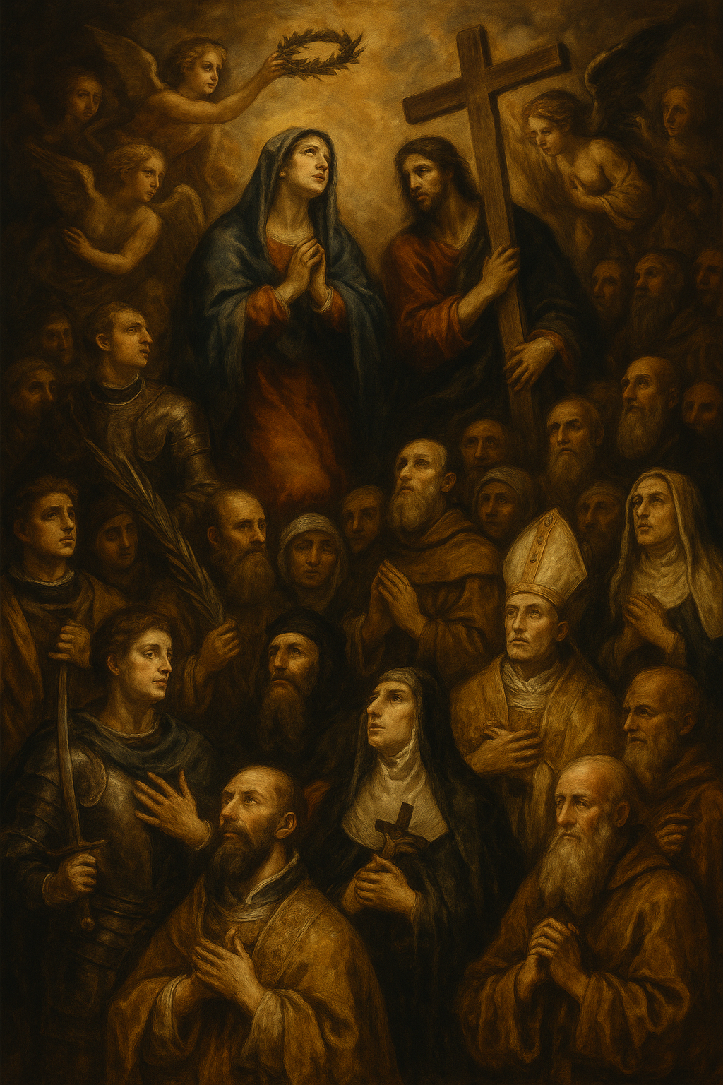 A Baroque-style depiction of All Saints gathered in heavenly light, with the Virgin Mary and Christ at the center surrounded by saints, angels, and martyrs illuminated in Caravaggio’s dramatic chiaroscuro style.