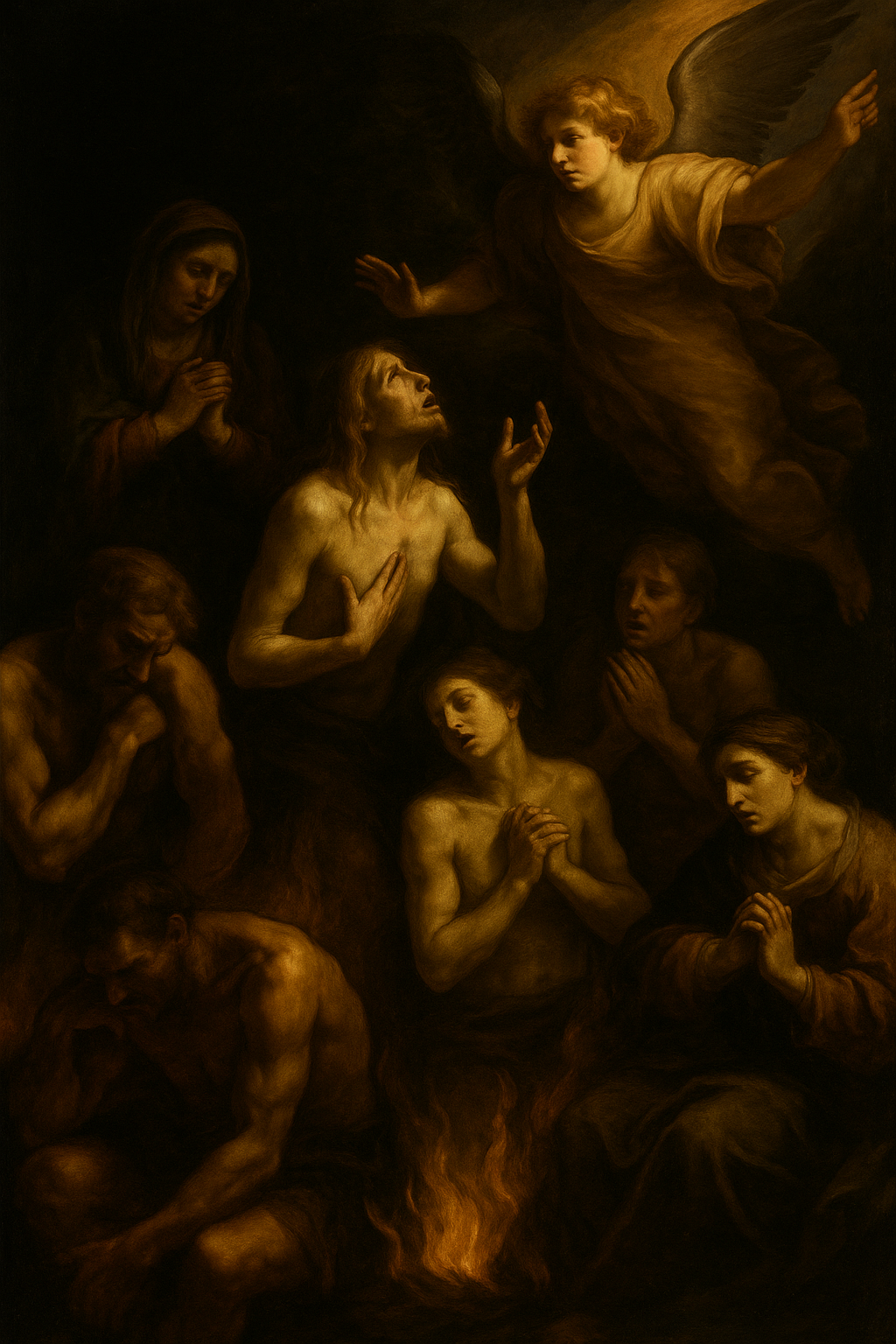 Caravaggio-style painting of All Souls’ Day showing souls in Purgatory reaching toward divine light, guided by an angel, with warm golden illumination contrasting deep shadows to symbolize mercy and hope.