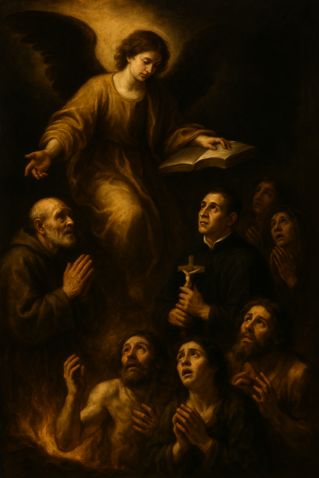 : Caravaggio-style painting of the Commemoration of All the Faithful Departed, depicting an angel bathed in golden light watching over souls in Purgatory who pray and look upward, with warm illumination and deep shadows symbolizing mercy and redemption.