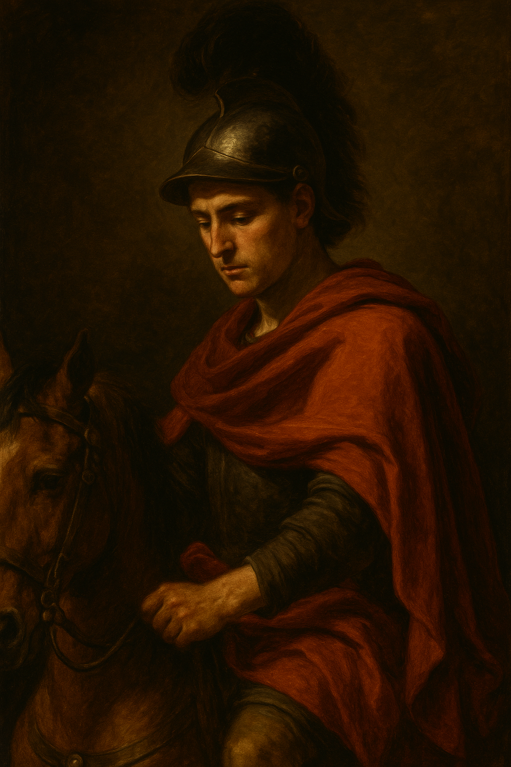 Saint Martin of Tours depicted in Caravaggio-style lighting, wearing a red cloak over Roman armor while on horseback, his face illuminated by warm golden light, symbolizing charity and humility.