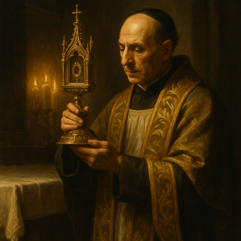 A solemn Catholic priest in golden vestments holds a gilded reliquary before a softly lit altar, illuminated by warm candlelight in a Caravaggio-inspired Baroque style, symbolizing reverence for holy relics.