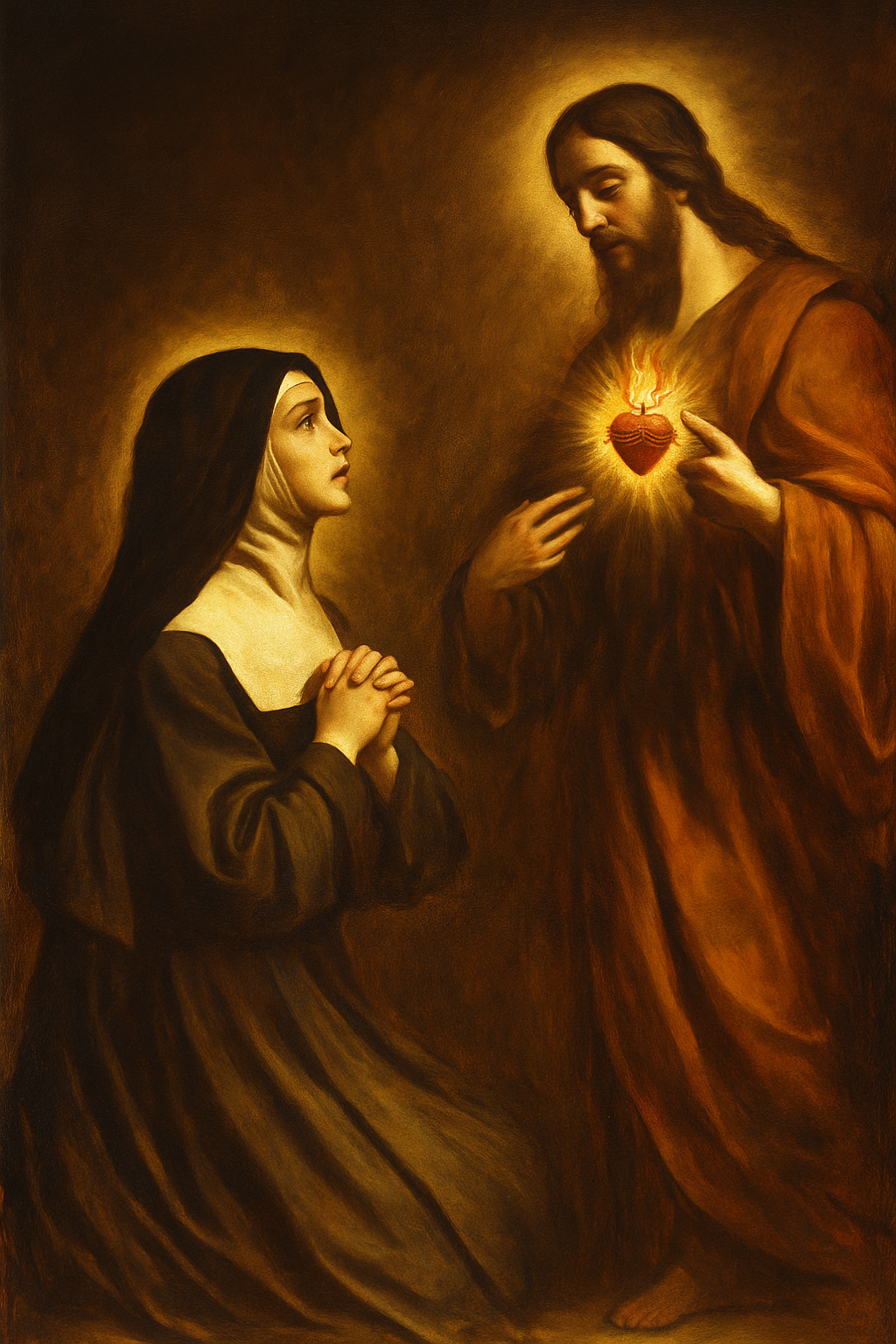 Saint Margaret Mary Alacoque kneeling in prayer before the radiant Sacred Heart of Jesus, illuminated in golden light, painted in Caravaggio-style chiaroscuro with dramatic contrast and reverent emotion.