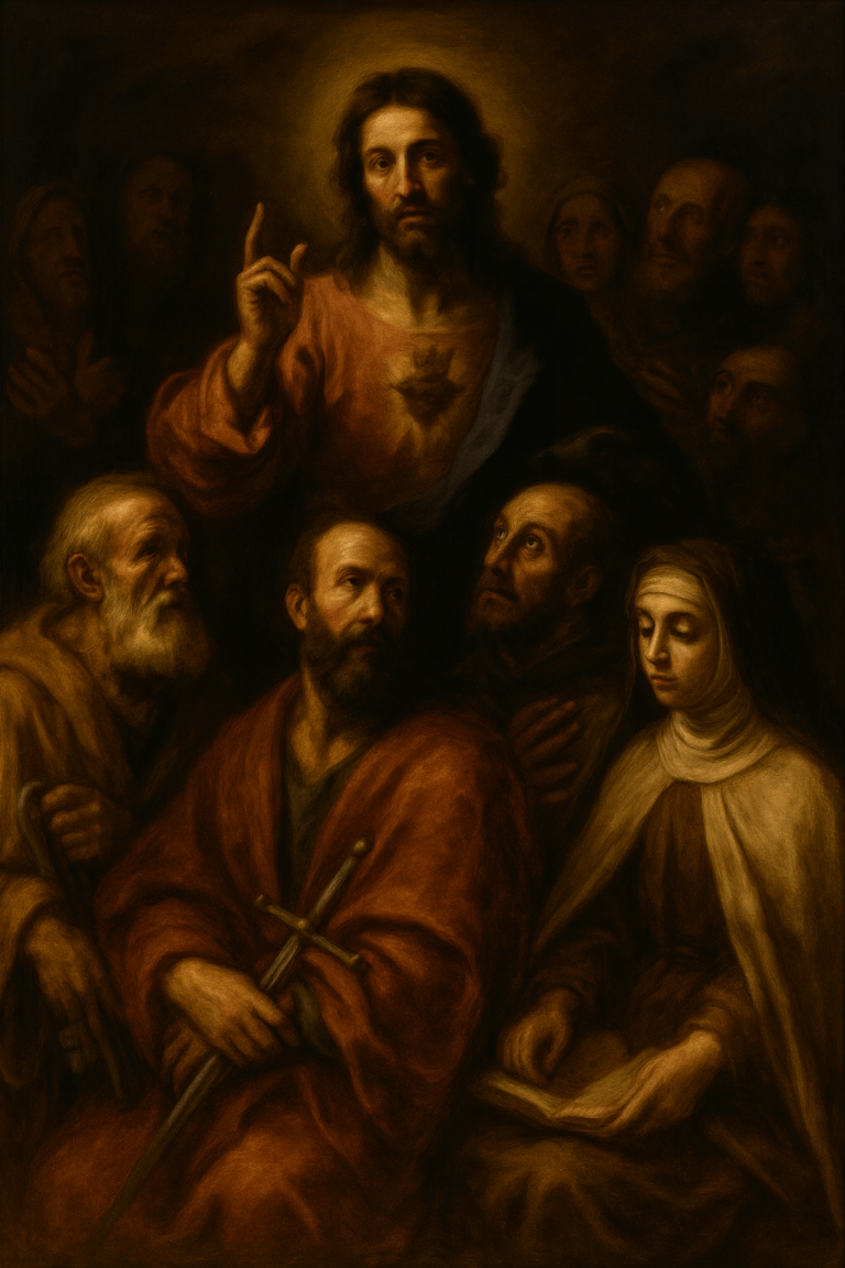 Caravaggio-style painting of Jesus surrounded by apostles and saints, illuminated by soft divine light symbolizing the Sacred Heart and the unity of faith.