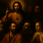 A Caravaggio-style painting of Jesus Christ surrounded by saints. Christ stands at the center with His Sacred Heart glowing, raising one hand in blessing as light radiates around His head. The saints, apostles, and holy figures gaze toward Him in reverent awe, illuminated by warm golden tones and deep Baroque shadows.