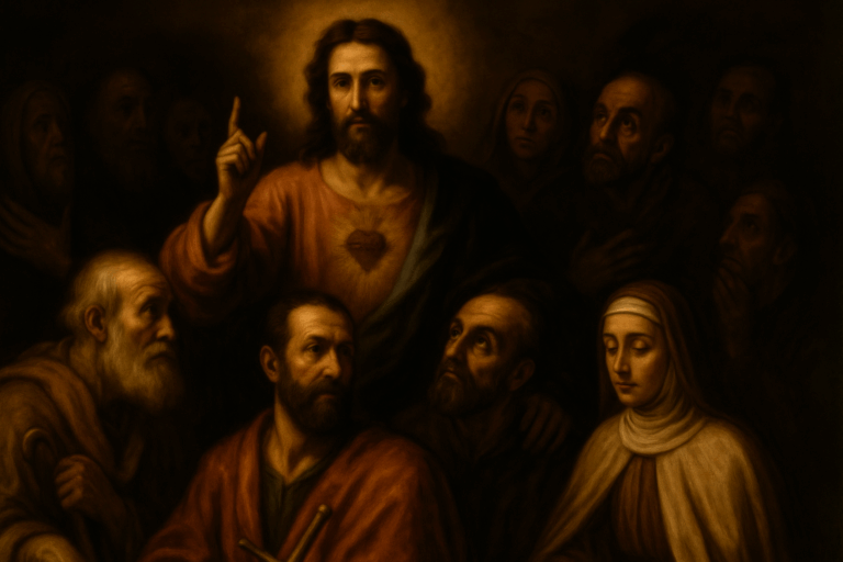 A Caravaggio-style painting of Jesus Christ surrounded by saints. Christ stands at the center with His Sacred Heart glowing, raising one hand in blessing as light radiates around His head. The saints, apostles, and holy figures gaze toward Him in reverent awe, illuminated by warm golden tones and deep Baroque shadows.