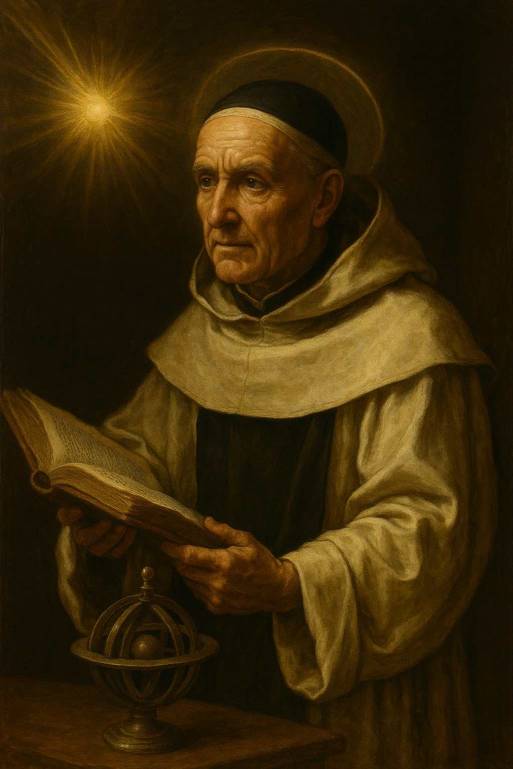 Caravaggio-style painting of Saint Albert the Great, an elderly Dominican friar with a halo, holding an open book while a radiant light glows above him, symbolizing divine wisdom and his role as a Doctor of the Church.