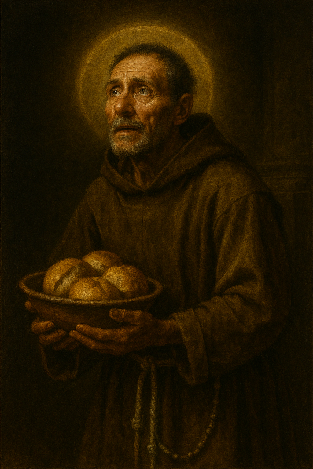 Caravaggio-style painting of Saint Didacus, a humble Franciscan friar with a glowing halo, gazing upward in prayer while holding a wooden bowl filled with bread, symbolizing charity, humility, and divine service.