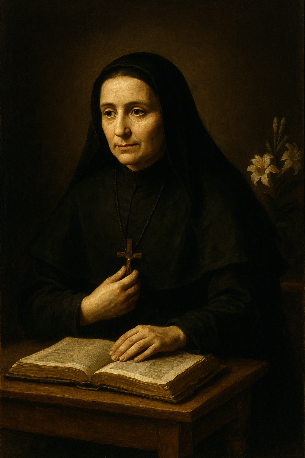 Caravaggio-style painting of Saint Frances Xavier Cabrini, dressed in a black religious habit, holding a wooden cross close to her chest while sitting before an open book, with white lilies beside her symbolizing purity and devotion.