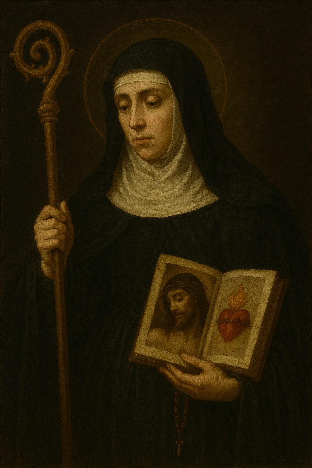Caravaggio-style painting of Saint Gertrude the Great, a Benedictine nun with a halo, holding a staff and an open book showing images of Christ crowned with thorns and the Sacred Heart, symbolizing her deep mystical devotion and love for Jesus.