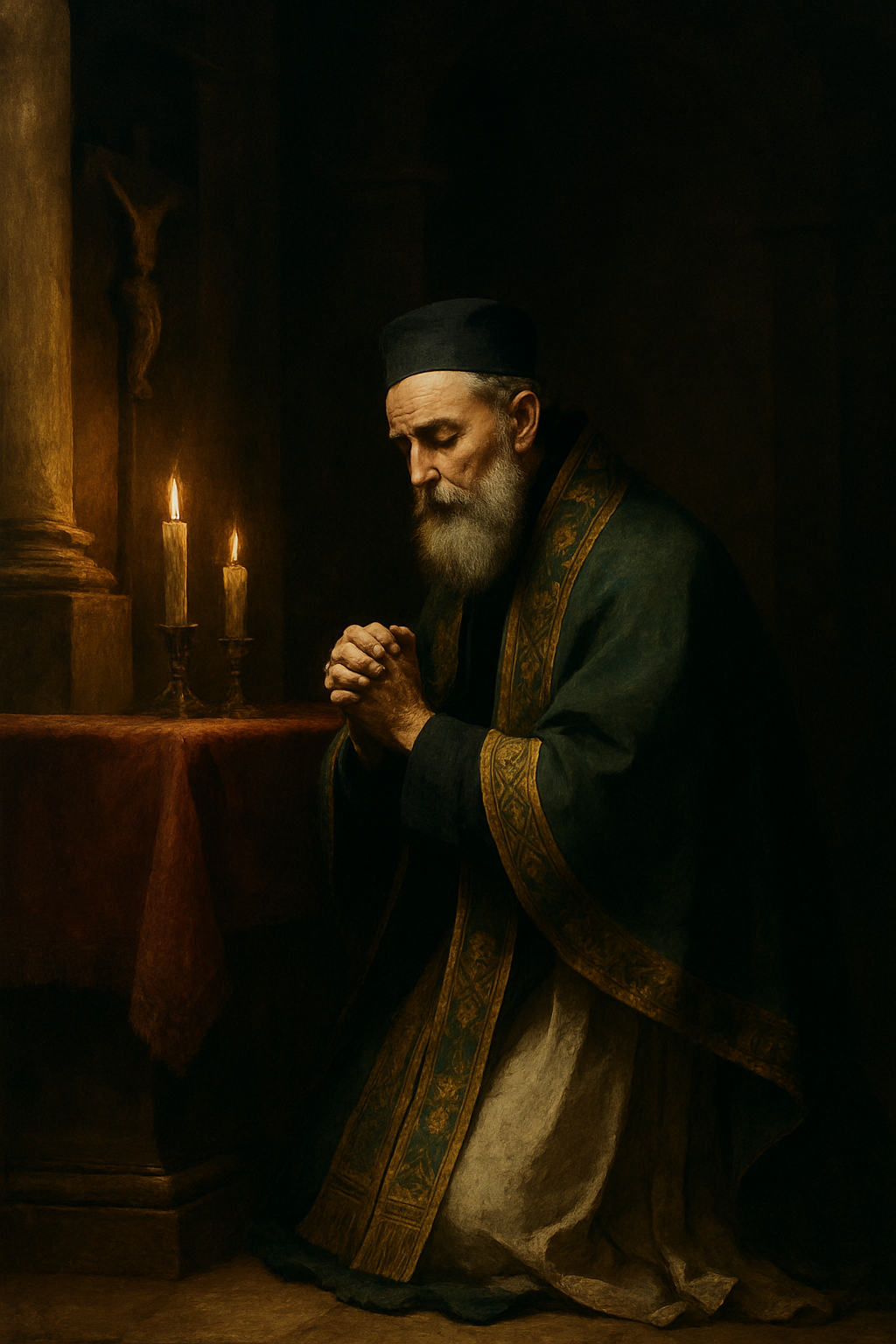 A Caravaggio-style painting of Saint Josaphat kneeling in prayer before two lit candles, wearing dark green and gold bishop’s vestments, his hands clasped in devotion near a crucifix on the wall.