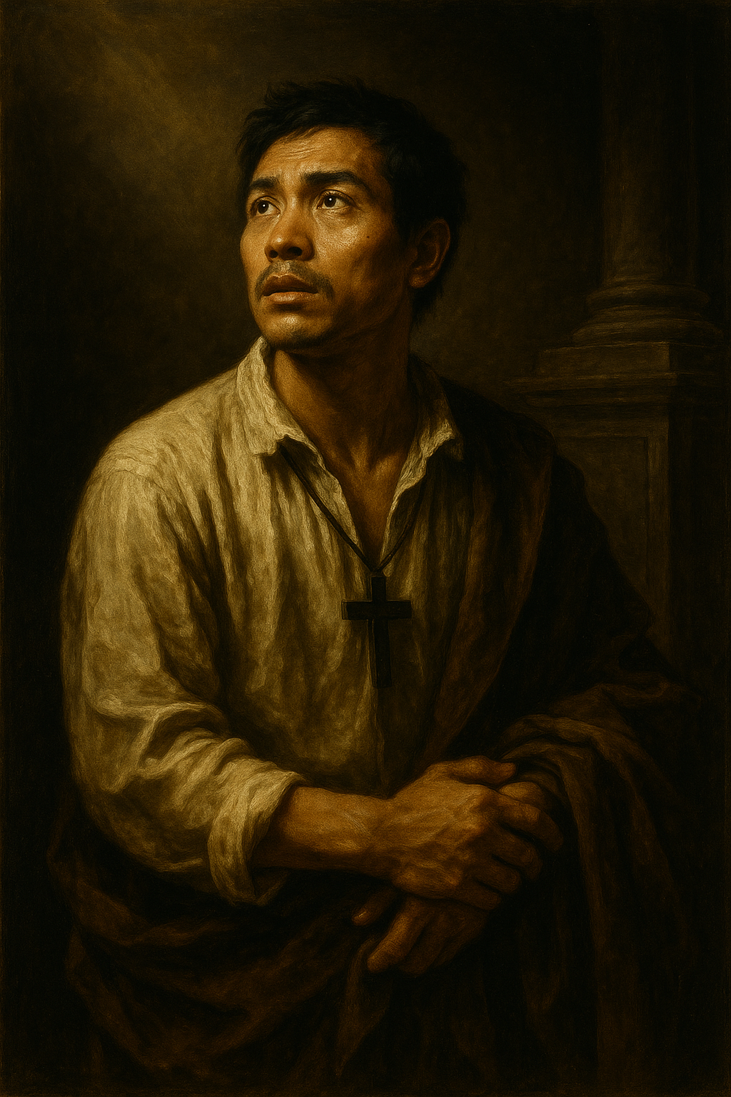 Caravaggio-style painting of Saint Lawrence Ruiz, dressed in simple garments, gazing upward with calm courage, a wooden cross hanging from his neck, symbolizing his unwavering faith and martyrdom for Christ.