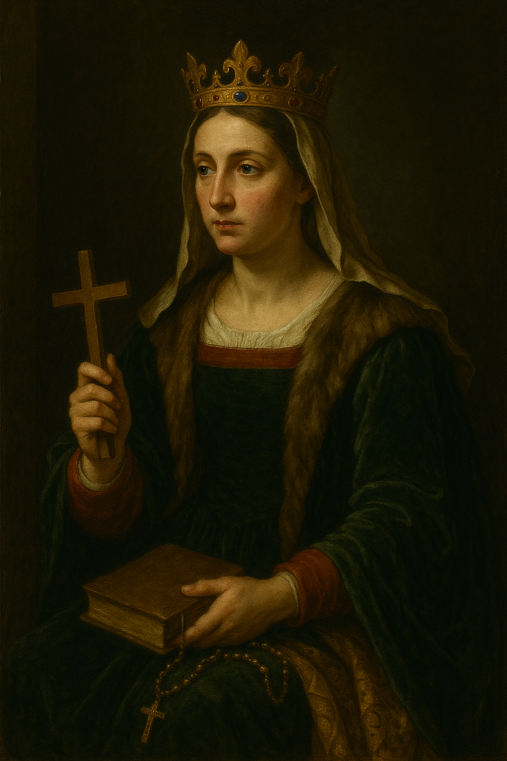 Caravaggio-style painting of Saint Margaret of Scotland, wearing a jeweled crown and royal robes, holding a wooden cross and a book with a rosary, symbolizing her faith, wisdom, and devotion as a holy queen and confessor.