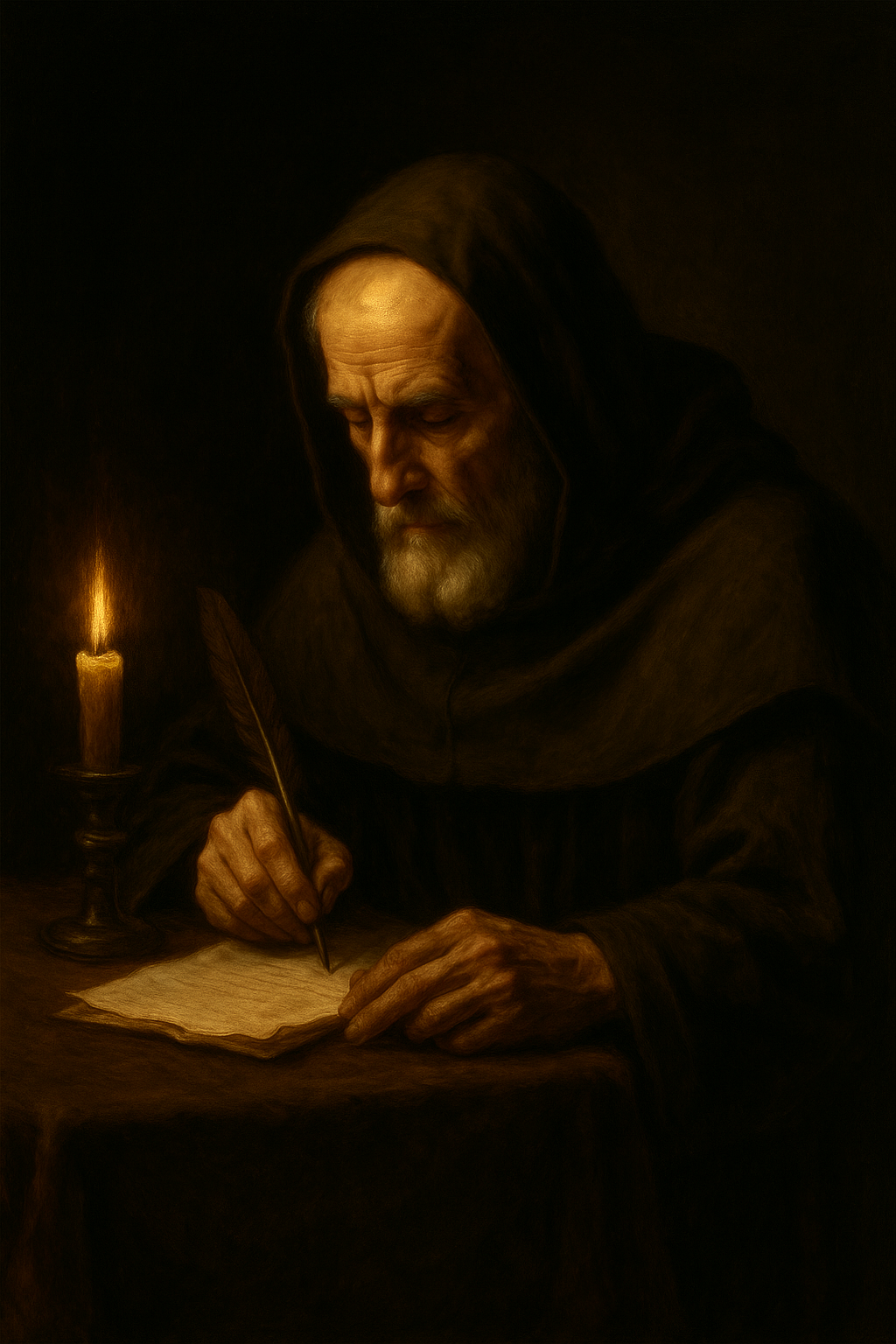 A Caravaggio-style painting of Saint Martin I writing by candlelight in exile, dressed in dark robes with a hood, his face illuminated by warm golden light as he writes a letter with a quill.