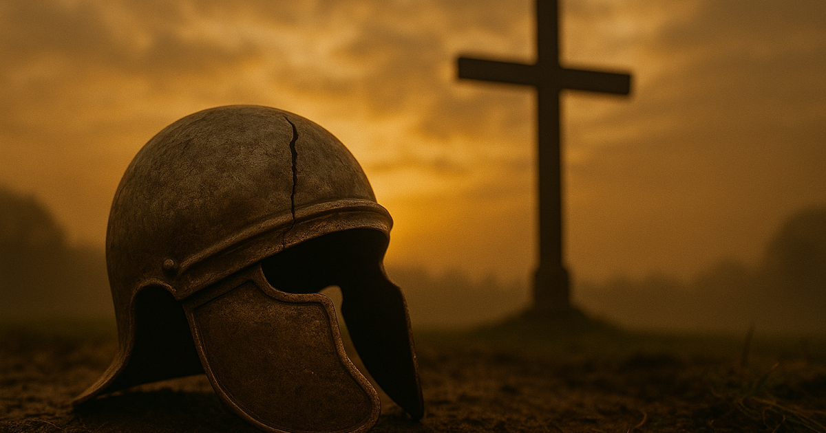 A cracked Roman-style helmet lies on muddy ground in the foreground, appearing weathered and realistic, with a large wooden cross standing tall in the background. The golden light of dawn or dusk filters through a cloudy sky, casting a warm, cinematic glow over the misty landscape, evoking themes of martyrdom, sacrifice, and spiritual battle.