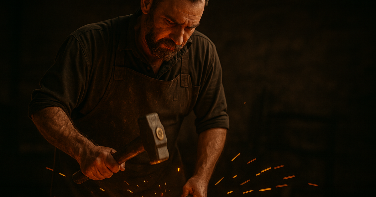 A focused blacksmith wearing a dark apron hammers a glowing piece of iron on an anvil, surrounded by a burst of fiery orange sparks in a dimly lit workshop.