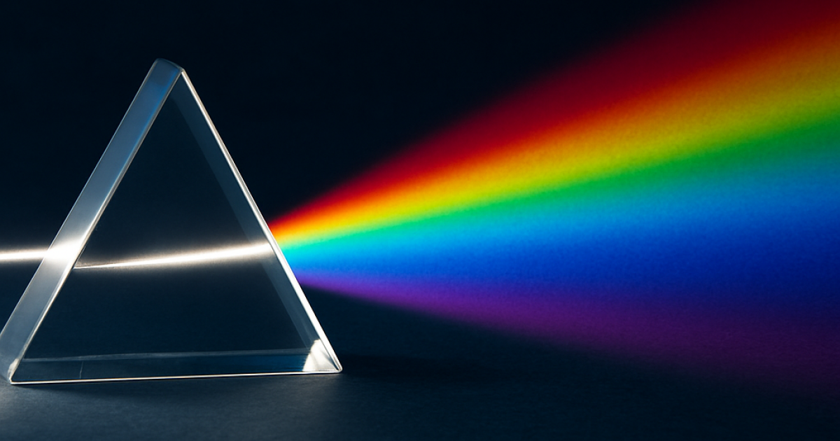 A beam of white light passes through a glass prism, splitting into a vivid rainbow spectrum against a dark background.