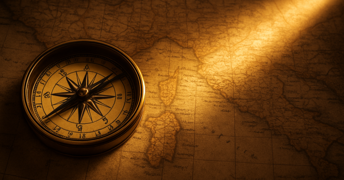 Vintage brass compass resting on an old world map, illuminated by a warm beam of light—symbolizing faith as the guiding compass for reason.