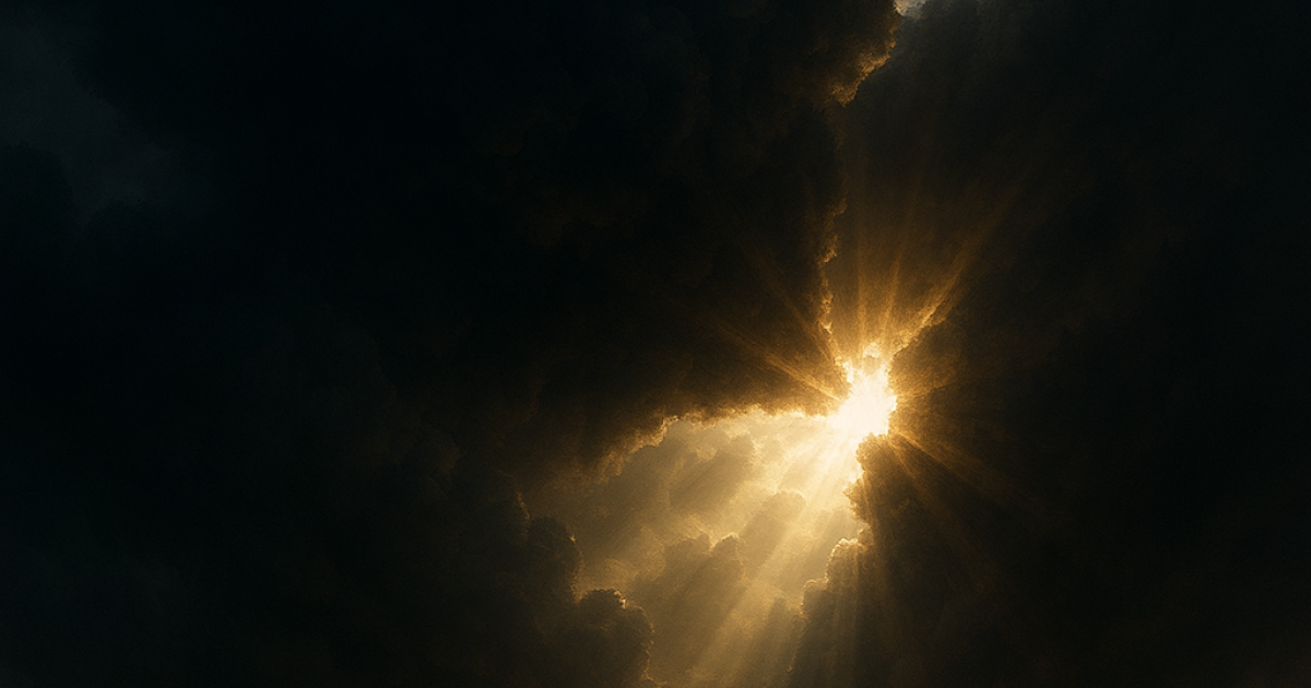 Golden rays of sunlight piercing through dark, stormy clouds, symbolizing divine light breaking into darkness."
