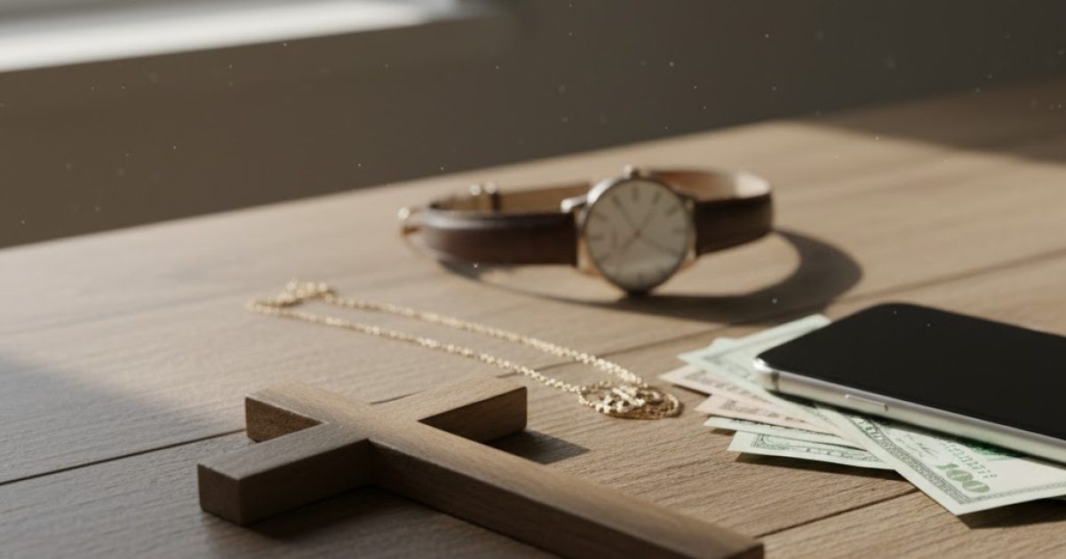 A simple wooden cross stands on a wooden desk beside a wristwatch, a few dollar bills, gold jewelry, and a smartphone. Soft natural light from a nearby window bathes the scene, symbolizing the choice to place faith above material possessions.