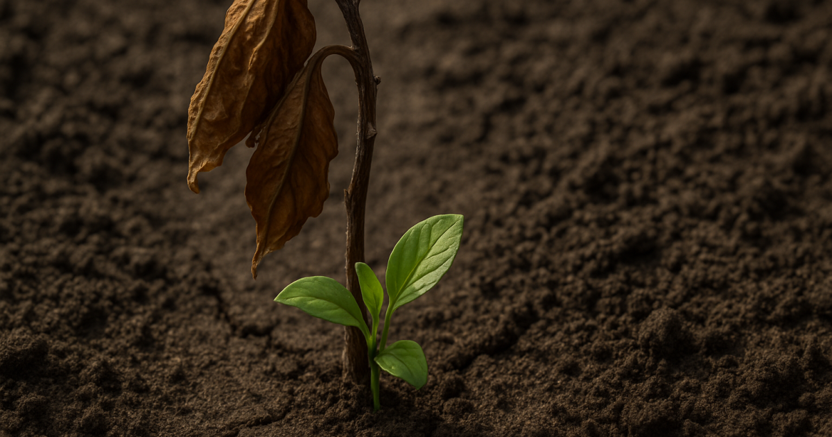 A wilted plant with brown, dying leaves stands in cracked soil, while fresh green leaves sprout from its base, symbolizing new growth and renewal emerging from decay.