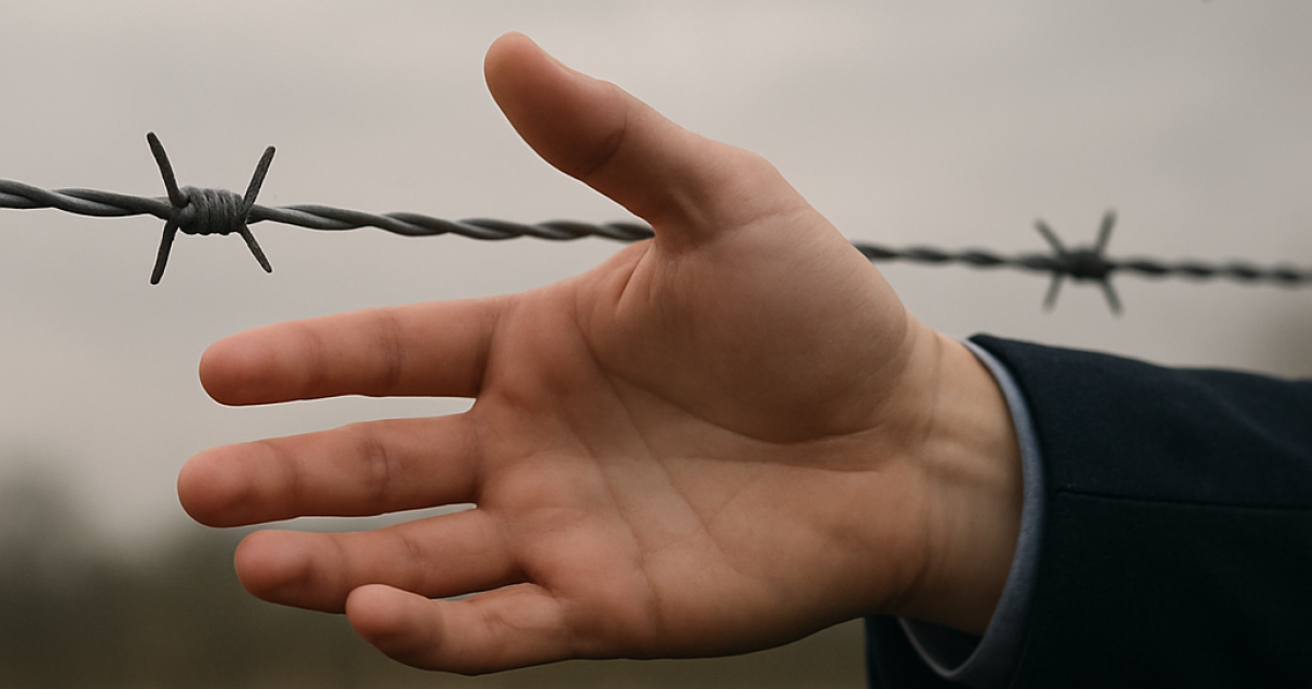 A human hand reaches gently through the strands of a barbed wire fence under a cloudy sky. The fingers are slightly spread, extended in a gesture of offering or connection, with the barbs just inches away. The background is softly blurred, suggesting an open field or desolate landscape. The image conveys themes of compassion, restraint, and hope amid division