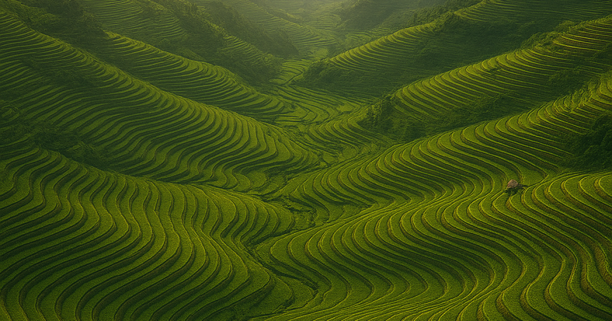 Alt Text: Golden sunrise over terraced green fields arranged in graceful curves, symbolizing God’s intentional beauty and the harmony of His creation.