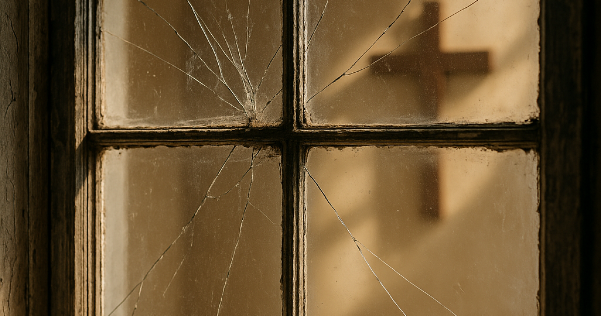 A cracked and weathered windowpane in an old home reflects the warm glow of sunlight streaming through. Behind the glass, a wooden cross is softly visible on the wall, blurred but bathed in golden light. The image symbolizes faith and hope shining through brokenness.